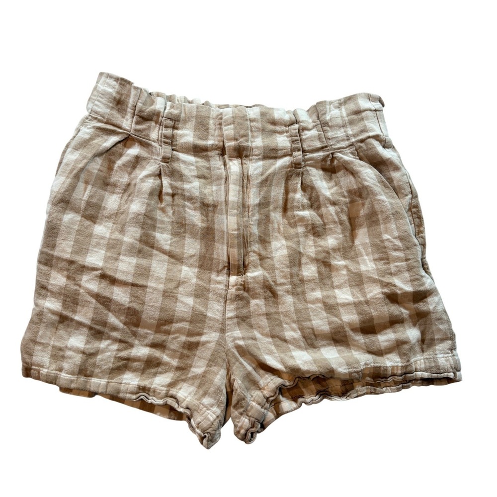 A New Day Gingham Linen Blend‎ Shorts Womens Large Tan White Paperbag High Rise